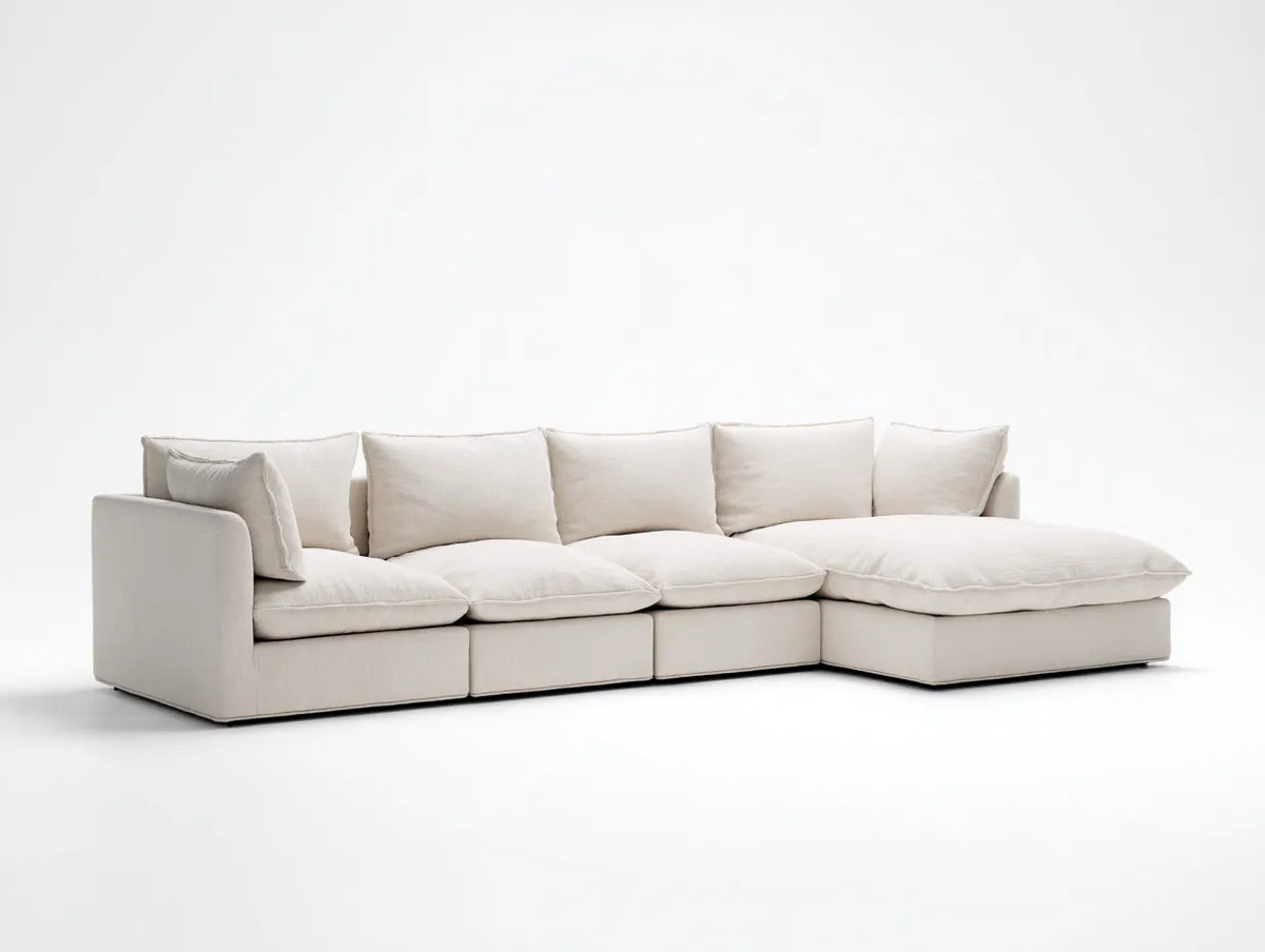 Divano angolare da soggiorno 312×190×78 cm - tessuto beige chiaro - stile modulare con chaise longue