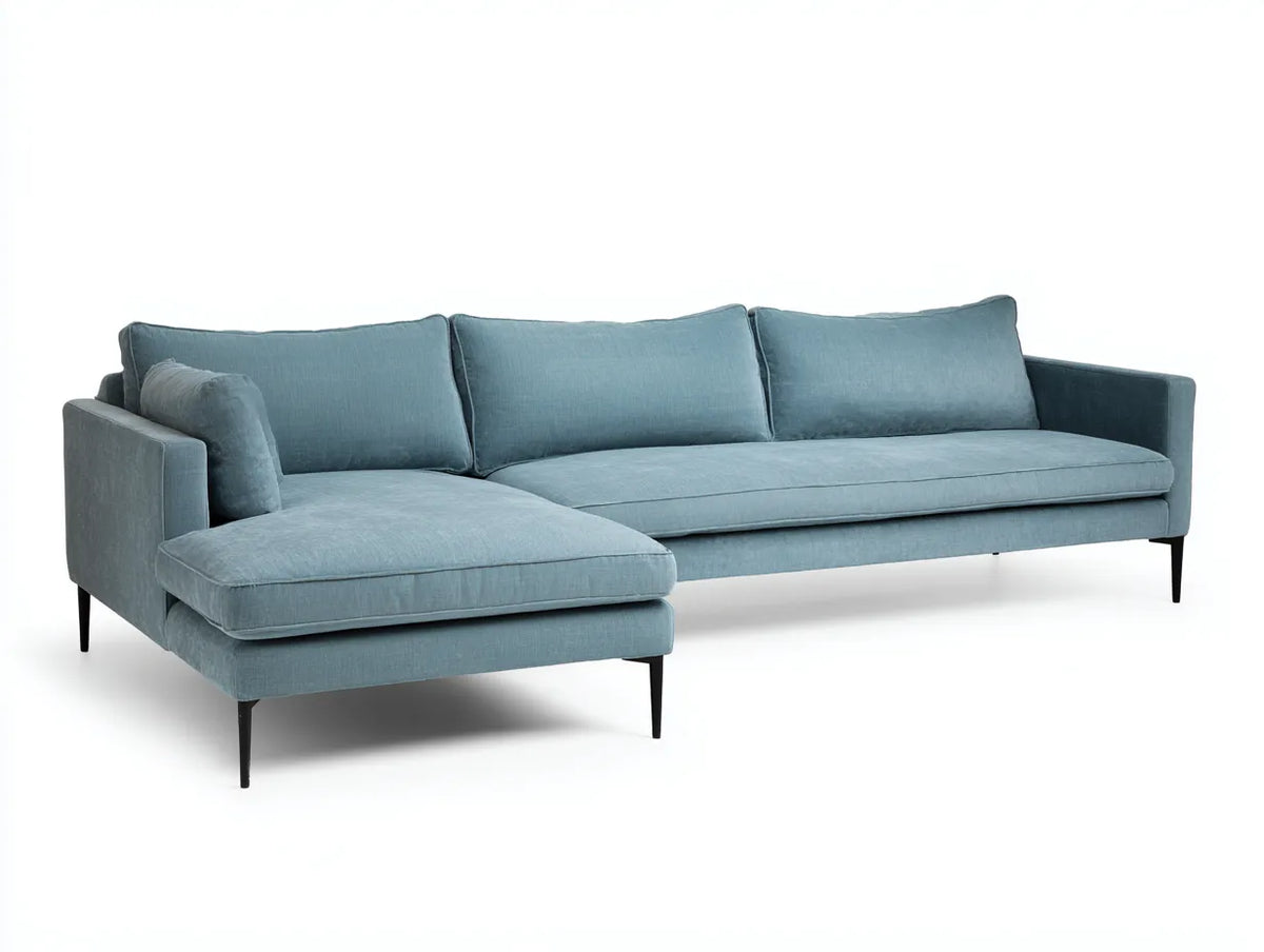 Divano angolare da soggiorno 270×175×84 cm - tessuto azzurro e metallo nero - stile moderno con chaise longue