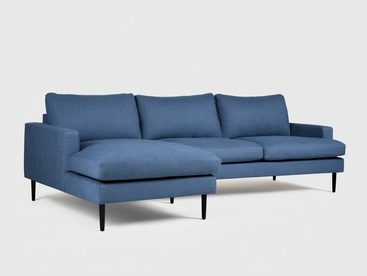 Divano angolare da soggiorno 258×168×83 cm - tessuto blu e metallo nero - stile contemporaneo con chaise longue